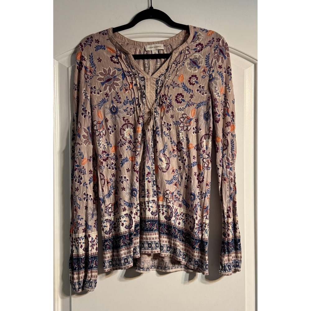 Vintage America Blouse Women Medium Multicolor Boho Floral Tassel Top